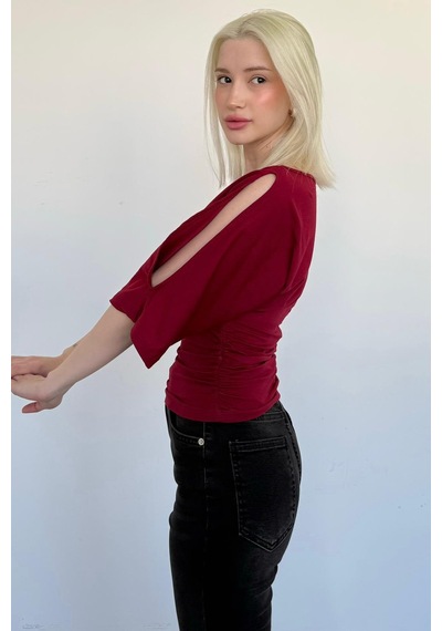 Madmext Bordo Belden Büzgülü Yarasa Kollu Açık Omuz Bluz Mg2672 bordo