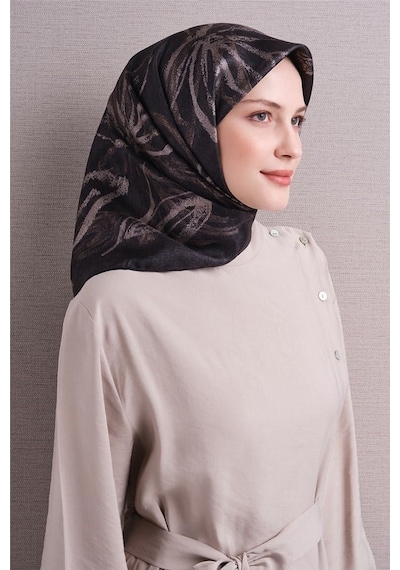 Armine Sura Saf İpek Eşarp 9600 52 Antrasit Çiçek Desen