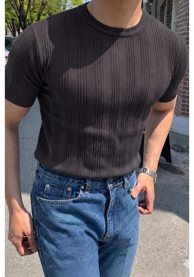 Tarz Cool Old Money Fit Bisiklet Yaka Çizgili Triko T-shirt Slim Kalıp Premium Siyah