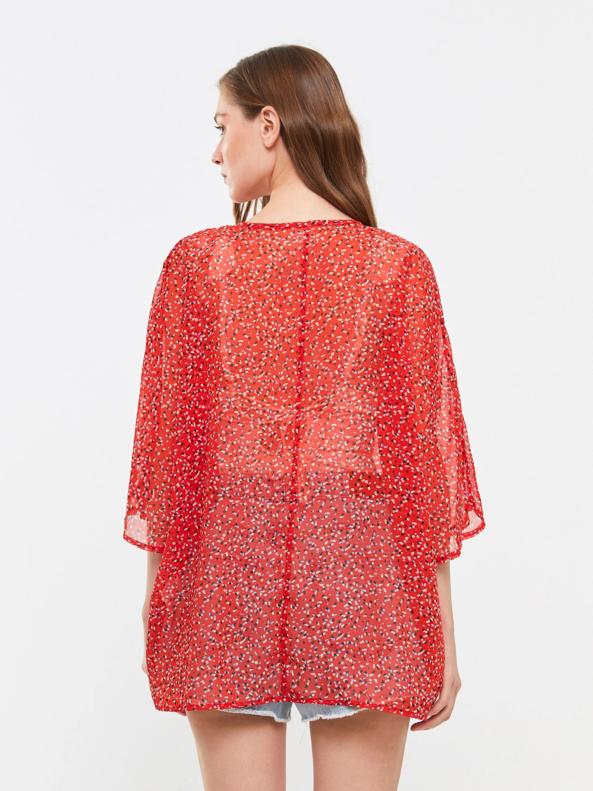 LC Waikiki Lcw Eco Kırmızı Şal Yaka Desenli Kadın Kimono