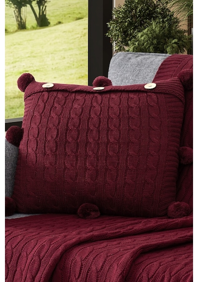 Ponponlu Triko Örme Kırlent Kılıfı - 40x40 Cm Kare Yastık Kılıfı Bordo Bordo
