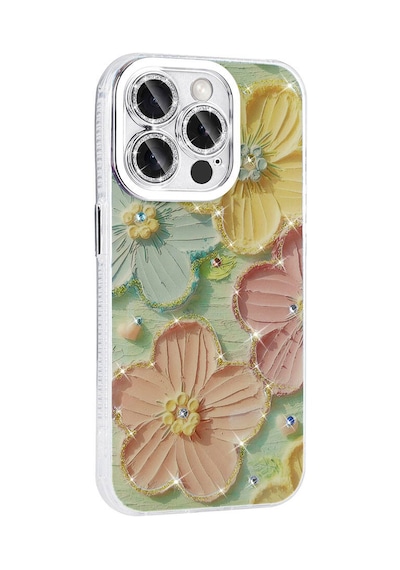 Apple iPhone Uyumlu 14 Pro Max Kılıf Çiçek Desenli Parlak Taşlı Sert Silikon Garden Kapak Mavi Mavi