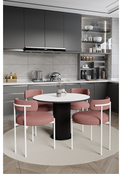 Avvio Sweet Pink Dreams Ptt Lake Mdf Ayak 4'lü Teddy Sandalye 90x90 Masa Sandalye Takımı Bukle Kumaş Düz Beyaz