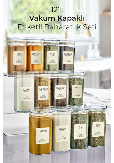 KitchenLife Gold Etiketli Akrilik Vakumlu Kare Baharatlık Seti 12'li 300 ML Şeffaf