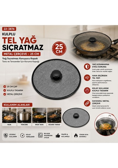 Yağ Sıçratmaz Tel Kapak Kulplu Metal Çerçeve 25 Cm Çok Renkli