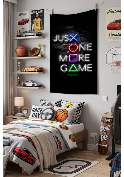Just One More Game Duvar Örtüsü, Gamer Oda Dekoru, Oyuncu Baskılı Kumaş Duvar Halısı Beyaz
