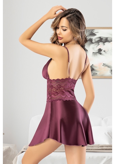 Miss Laris Lingerie Miss Laris 2032 Mürdüm Dantelli İp Askılı Kadın Saten Gecelik Mürdüm