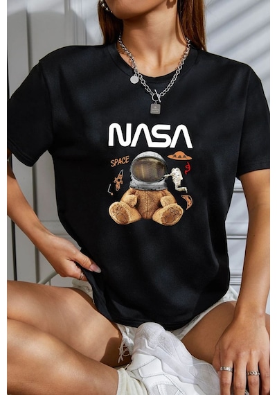 Unisex Nasabear Baskılı T-shirt Siyah