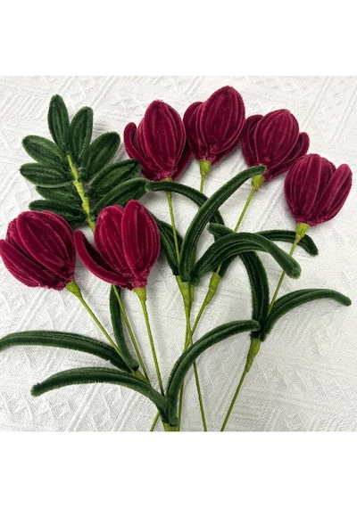 50 Adet Bordo Şönil, Çiçek Yapımına Uygun Bordo Renk Tüylü Tel, 30 Cm 6mm