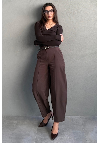 Madmext Kahverengi Modern Kesim Kemerli Yüksek Bel Bol Paça Kumaş Pantolon Mg2618 Kahverengi