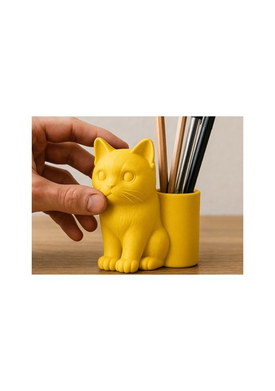 Alvera Kedi Figürlü Kalemlik 3d Baskı Masaüstü Organizer - Sarı