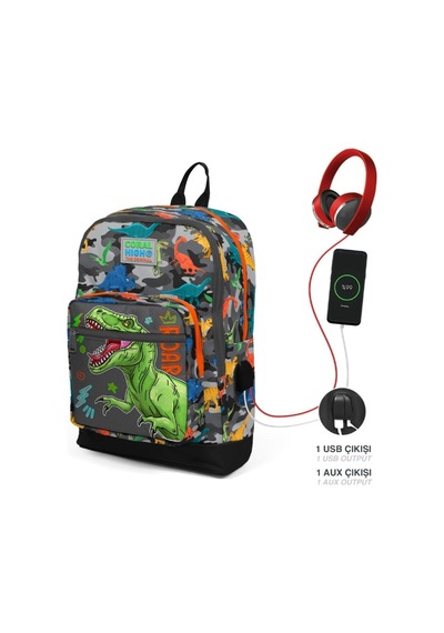 Coral High Gri Yeşil Dinazor İlkokul Ve Günlük Sırt Çantası Erkek Çocuk - USB Soketli