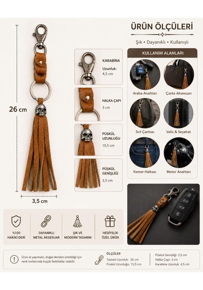 Karabinalı Anahtarlık Deri Araba Anahtarlığı Çanta Süsü Hakiki Deri Çanta Aksesuarı Unisex 26 Cm