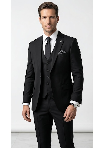 Erkek 3 Parça Slim Fit Takım Elbise Klasik Likralı Kumaş, Tek Düğme, Çift Yırtmaçlı Modern Kesim Ceket Yelek Pantolon Siyah