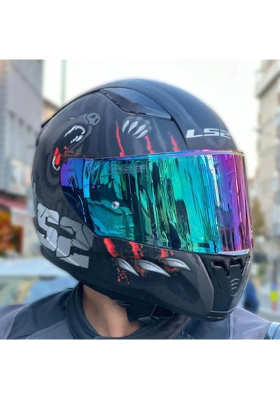Ls2 Rapid 2 Clawn Full Face Motosiklet Kaskı Gökkuşağı Vizörlü Gri - Kırmızı - Siyah