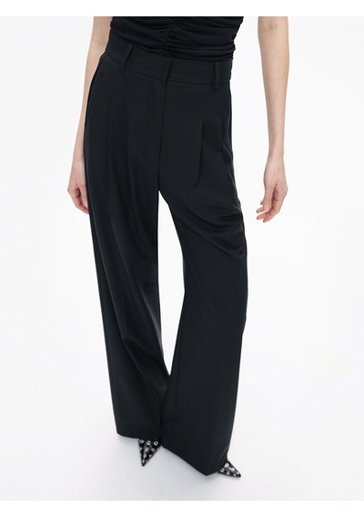 Nocturne Minimalist Yüksek Bel Geniş Paça Midi Kadın Pantolon - Günlük & Ofis Siyah