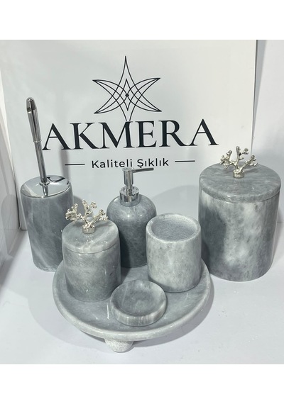Lüks Gri Mermer Top Ayaklı 7 Parça Banyo Seti Gri - Beyaz