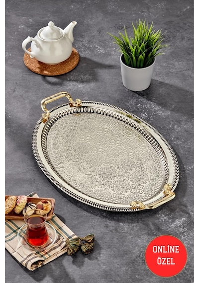 Özel Seri Oval Model Lüx Paslanmaz Çelik Sunum Tepsisi Tek Renk