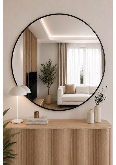 Effe Siyah Metal Çerçeveli 100 Cm Yuvarlak Ayna