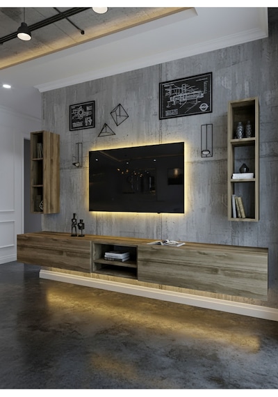 Resital Ledli Duvara Monte Tv Sehpası - Ceviz - W6002-2 Çok Renkli