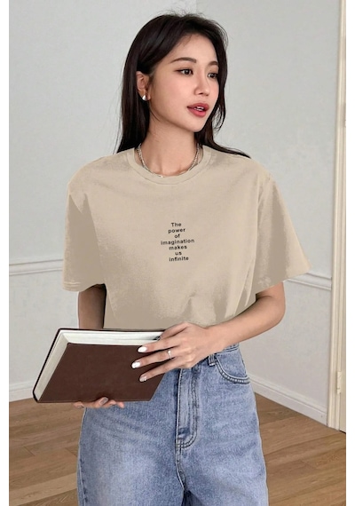 Unisex The Power Of Baskılı Tasarım Tshirt Bej