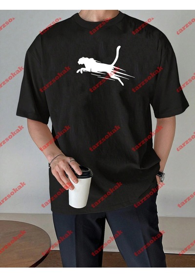 Tarzsokak Unisex Jaguar Baskılı Tshirt Beyaz Siyah
