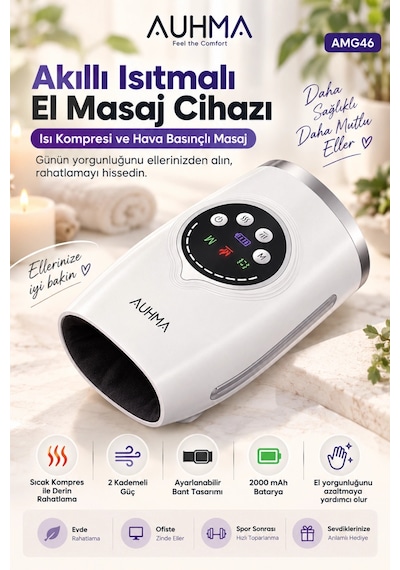 Auhma Amg46 Akıllı Isıtmalı El Masaj Cihazı Pro Hava Basınçlı Kablosuz El Masaj Aleti Beyaz