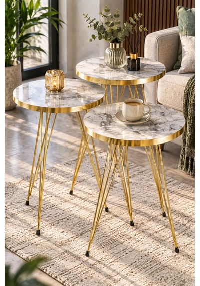 Sulorahome Gold Zigon Sehpa Takımı 3'lü Set Beyaz Mermer