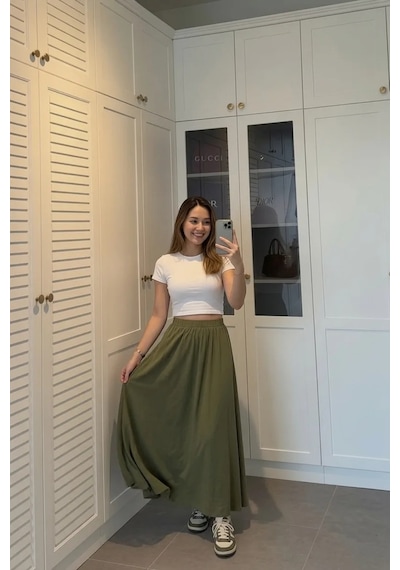 Kadın Haki Poplin Kumaş Uzun Etek Beli Lastikli Günlük Maxi Etek 90 Cm