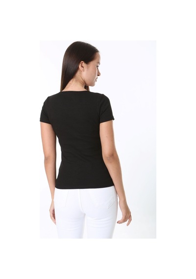 Rooted-kadın Basic V Yaka T-shirt ,fitilli Kaşkorse Kumaş Bluz SIYAH