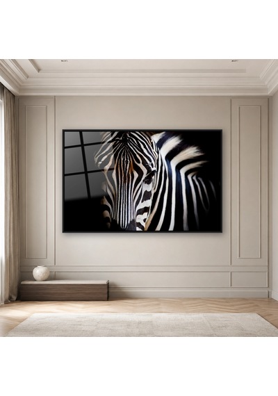 Karanlıkta Zebra Yakın Plan Siyah Çerçeveli Cam Tablo