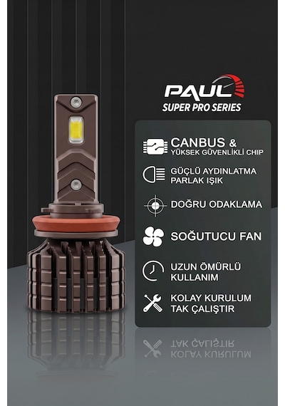 Paul Süper Pro H11-h8-h9-h16 24.000 Lümen Güç Şimşek Etkili Odaklı Ufuk Çizgili Csp Led