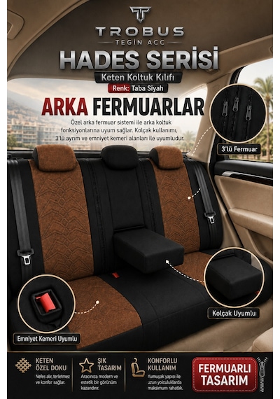 Tesla Model 3 2017 Ve Sonrası Uyumlu Hades Serisi Keten Koltuk Kılıfı Taba Siyah