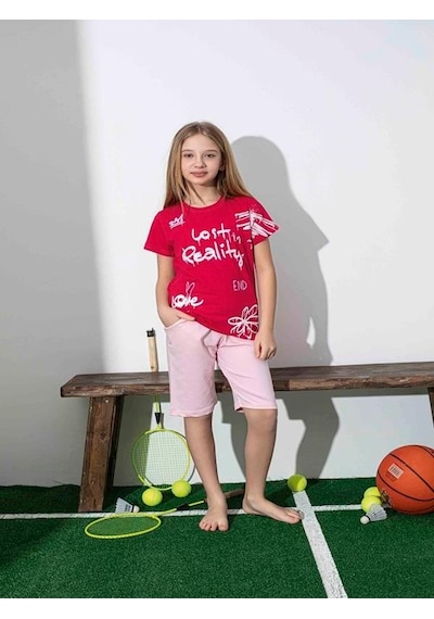 Kız Çocuk Desenli Kırmızı Şortlu Pijama Takımı-1257 Kırmızı