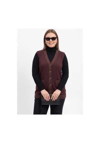 Onno Style Women Bantı Hasır Desenli Çelik Örgü Klasik Triko Yelek Bordo
