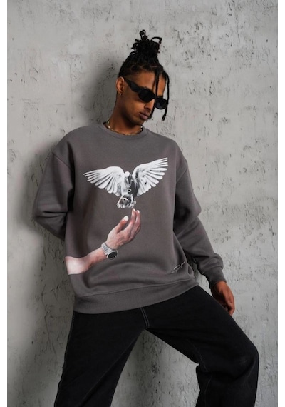 Erkek Güvercin Baskılı 3 İplik Pamuklu Bisiklet Yaka Sweatshirt - Gri