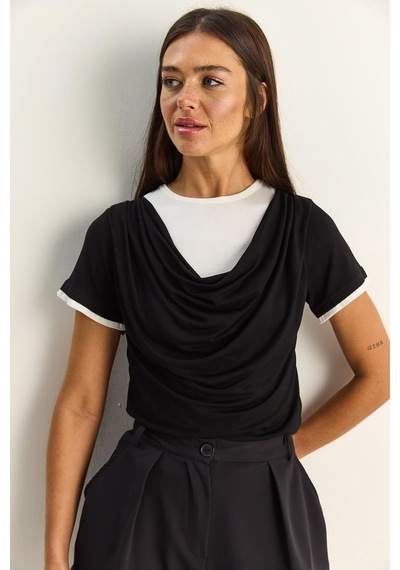 Shade Kadın Çift Kat Görünümlü Degaje Yaka Kısa Kol T-shirt 6140 60286132 - Siyah