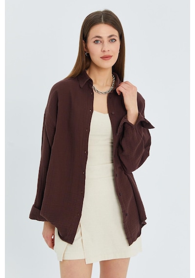 Mixray 3833 Kadın Oversize Cepli Müslin Gömlek Kahve