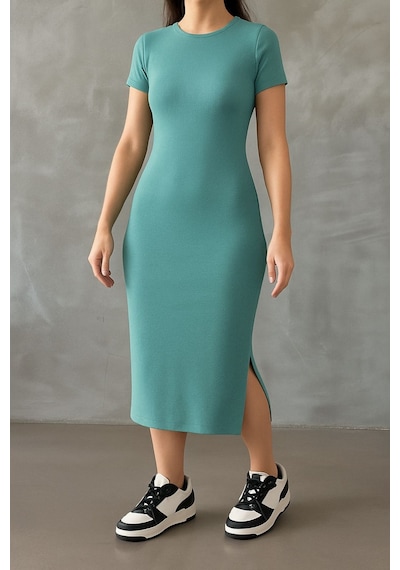 Trend Alisse Yazlık Mint Yeşili Midi Boy Yırtmaçlı Basic Elbise Mint Yeşili
