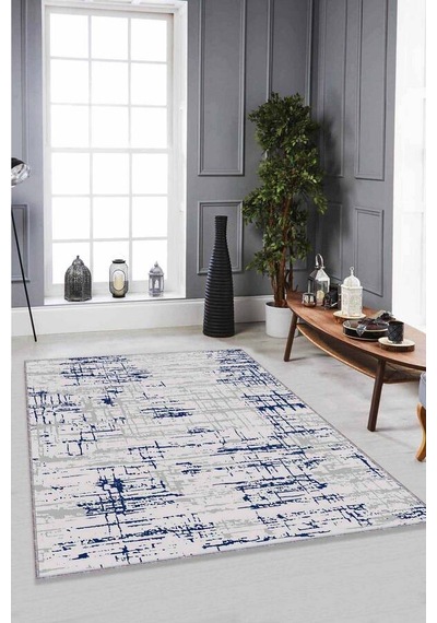 Lacivert Vintage Kaymaz Taban Makinede Yıkanabilir Halı Es09n11