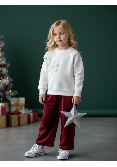 Kız Çocuk Pamuklu Boncuklu Sweatshirt-16578 Ekru