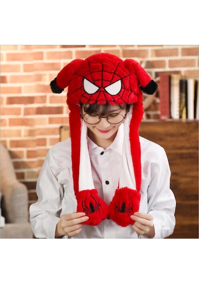 Mj Toys Örümcekadam Şapka Kulakları Hareket Eden Şapka Işıklı Modlu Peluş Ironman Şapka Bere Kırmızı