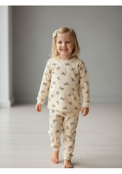 Kız Çocuk Pamuklu Fiyonklu Pijama Takımı-16829 KREM