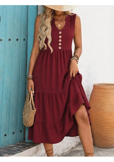 Defymoda Kadın Askılı V Yakalı Önden Düğmeli Midi Bürümcük Elbise Bordo