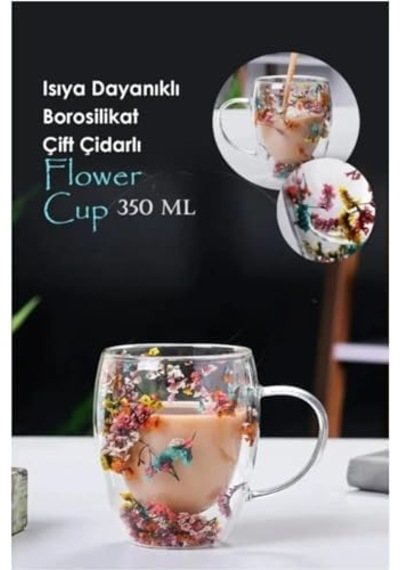 350 Ml Isıya Dayanıklı Borosilikat Çift Çidarlı Flower Cup Bardak Çiçekli Kahve Sunum Bardağı Aeropress