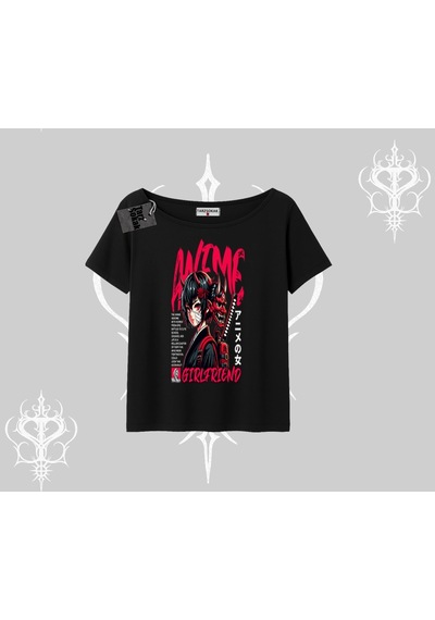 Startmore Startmore Kayık Yaka Tshirt Anime Girlfriend Kırmızı Siyah