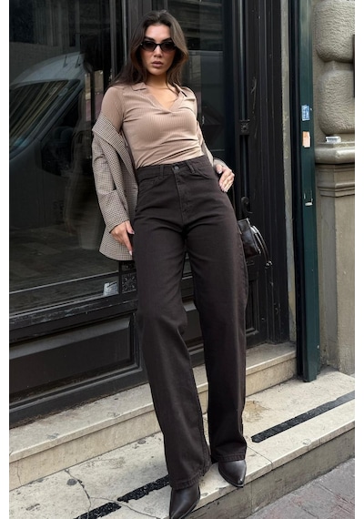 Kahverengi Wide Leg Kadın Pantolon Mg2614