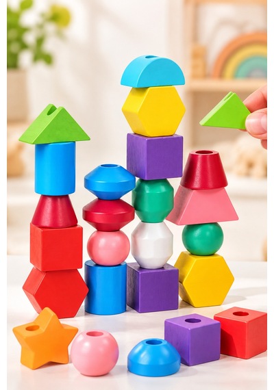Şekil-mantık Kuleleri Ahşap Geometrik Şekiller Ve Çubuğa Dizme Eğitim Seti