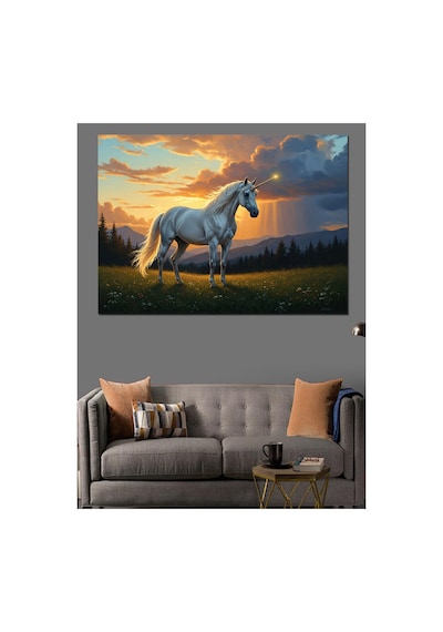Gün Batımında Çayırda Beyaz At Yağlı Boya Dokulu Kanvas Tablo Canvas Tablosu