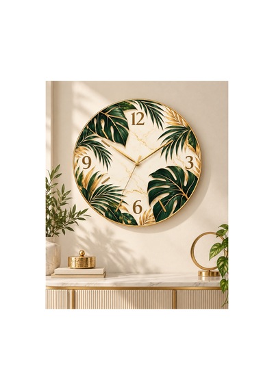 Modern Doğa Ve Yaprak Desenli Ahşap 45 Cm Sessiz Akar Mekanizmalı Uv Baskılı Dekoratif Duvar Saati Hediyelik 1043 Çok Renkli